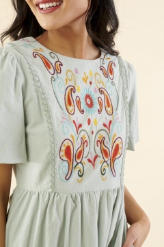 womens blue green embroidered side-panel modest dress